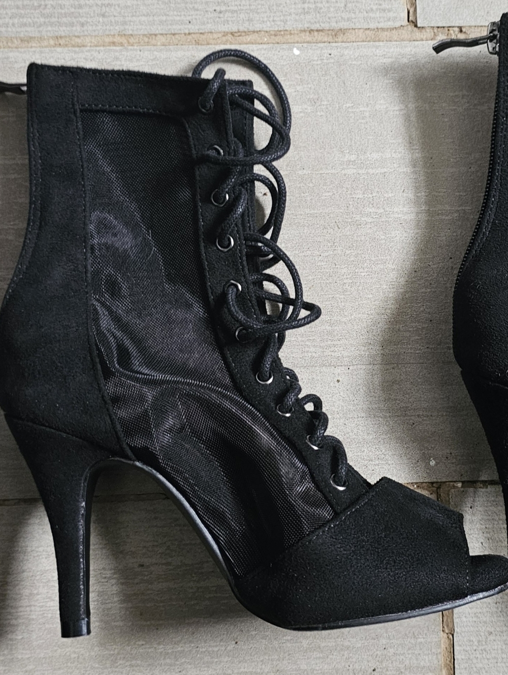 Black Lace-Up Sheer Peep-Toe Stiletto Heels Size 6